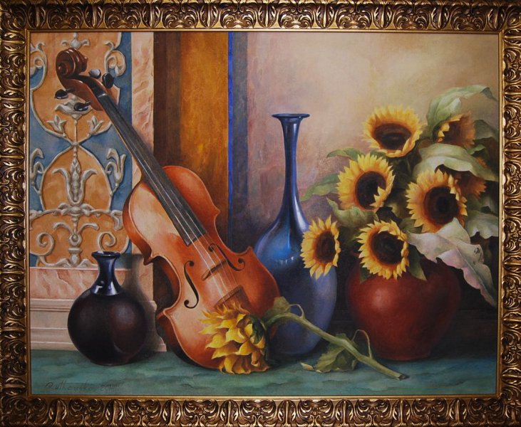 Bronius Rutkauskas - „Natiurmortas su saulėgrąžomis ir smuiku“, freska perkelta ant drobės, 70x90, 2014 m.